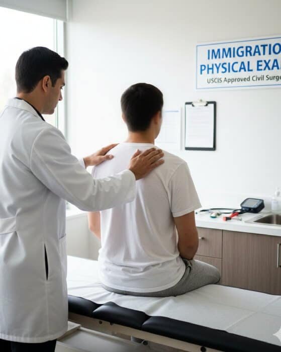 Doctor examining patient for immigration physical exam in VA.