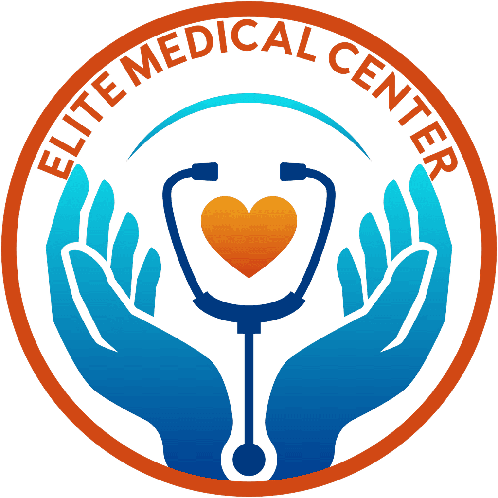 Stethoscope with heart inside and hands around, representing compassionate healthcare at Elite Medical Center VA.